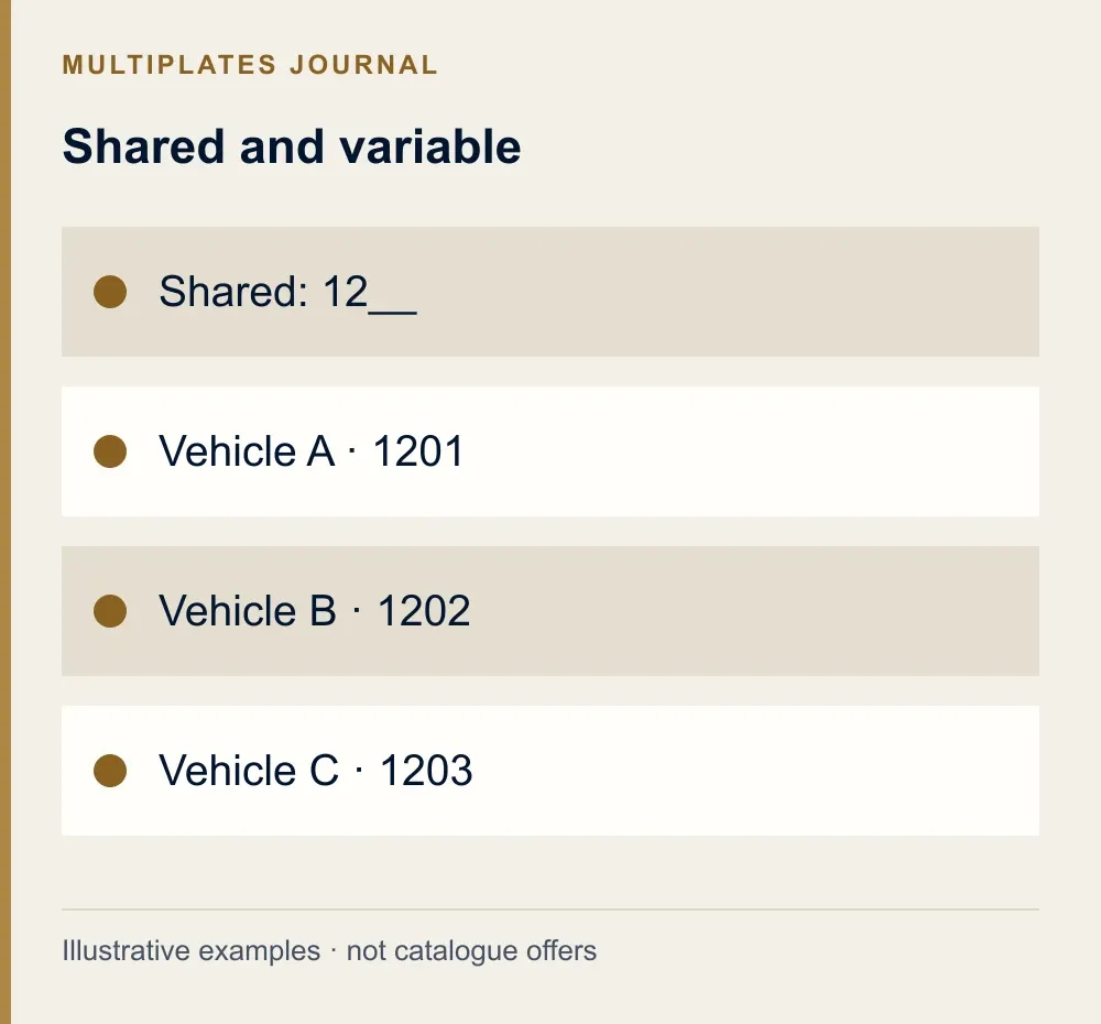 Shared and variable. Shared: 12__. Vehicle A · 1201. Vehicle B · 1202. Vehicle C · 1203