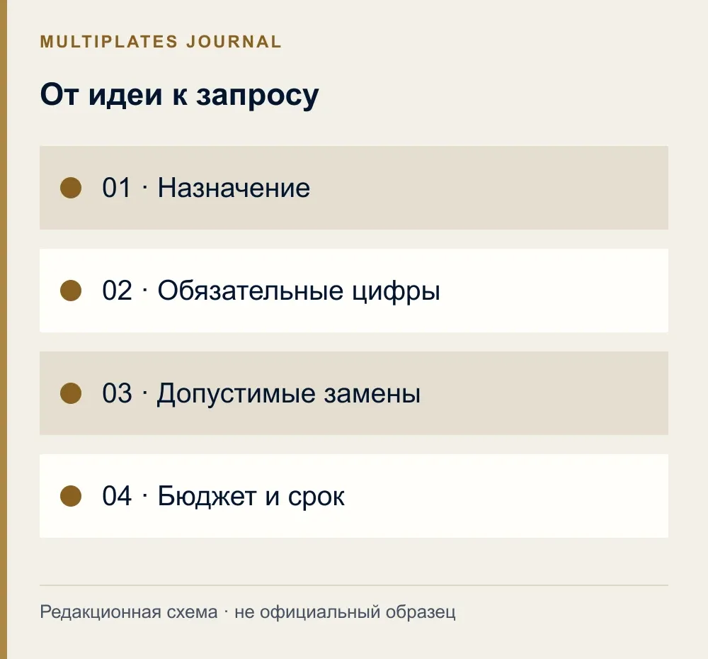 От идеи к запросу. 01 · Назначение. 02 · Обязательные цифры. 03 · Допустимые замены. 04 · Бюджет и срок