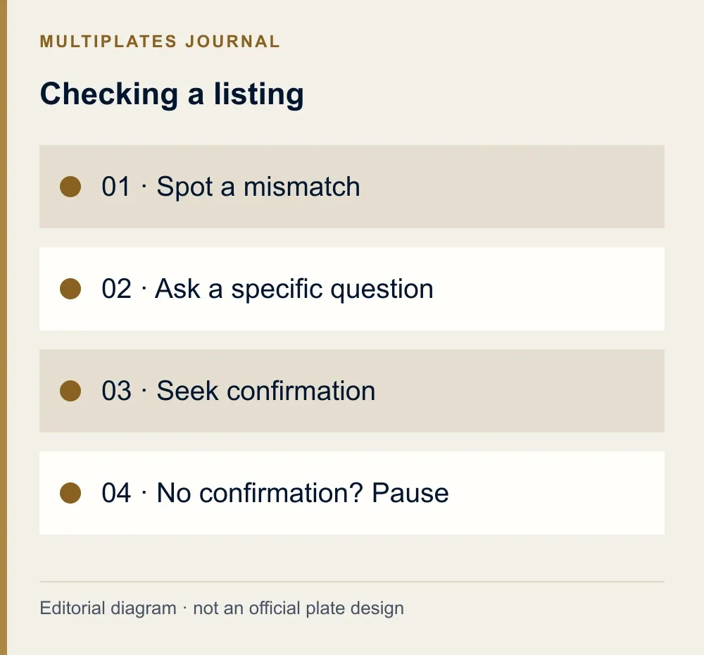 Checking a listing. 01 · Spot a mismatch. 02 · Ask a specific question. 03 · Seek confirmation. 04 · No confirmation? Pause