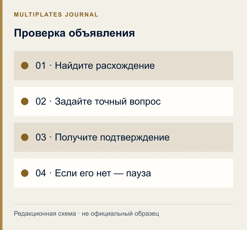 Проверка объявления. 01 · Найдите расхождение. 02 · Задайте точный вопрос. 03 · Получите подтверждение. 04 · Если его нет — пауза