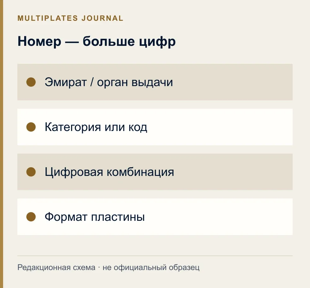 Номер — больше цифр. Эмират / орган выдачи. Категория или код. Цифровая комбинация. Формат пластины