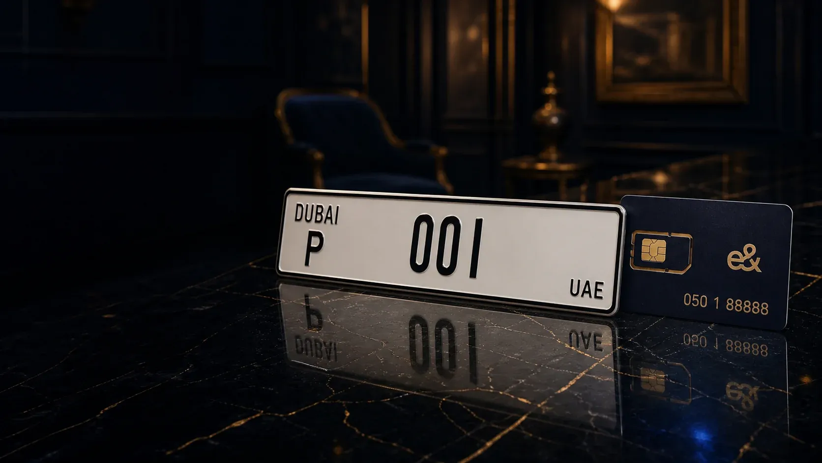 Автомобильный номер Dubai P 001 и SIM-карта 050 1 88888 в премиальном интерьере